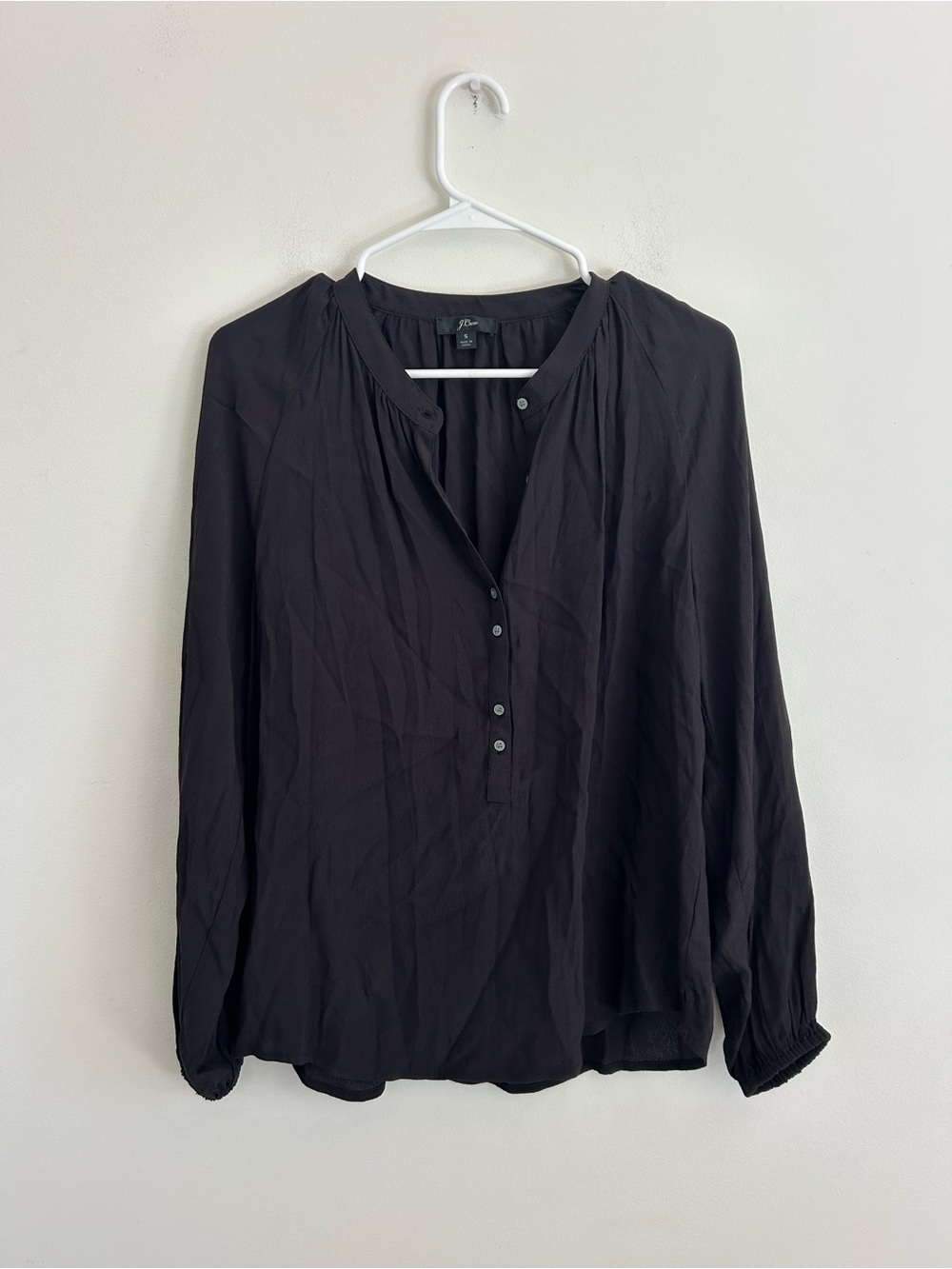 J. Crew Black Long-Sleeve Button-Neck Blouse